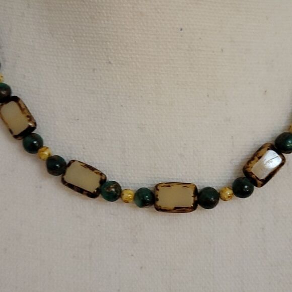 HANDMADE Chrysocolla Czech Glass Picasso Table Cut Beaded Collar Necklace - Picture 3 of 5